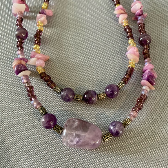 Multilayered Amethyst? Beaded Double Strand Semi Precious Boho Necklace - Picture 4 of 16